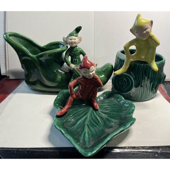 3 Old 1950’s Vintage LEFTON Pixie Elf On Boot Figural Planter, Stump & Leaf Lot!